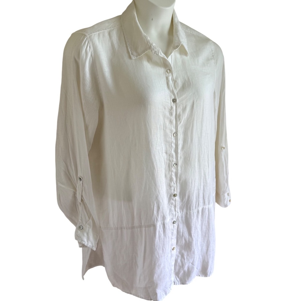 Quiet Luxury Linen Button Down Tunic Shirt White Long Sleeve‎ Oversized Tahari L - Picture 3 of 6